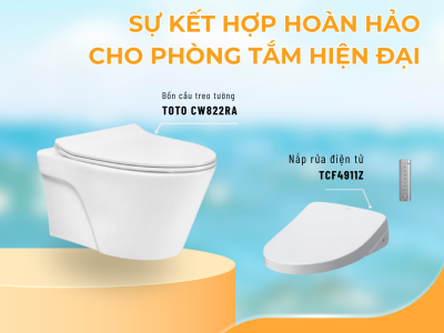 kết hợp với nắp rửa điện tử TCF4911Z, bồn cầu treo tường TOTO CW822RA