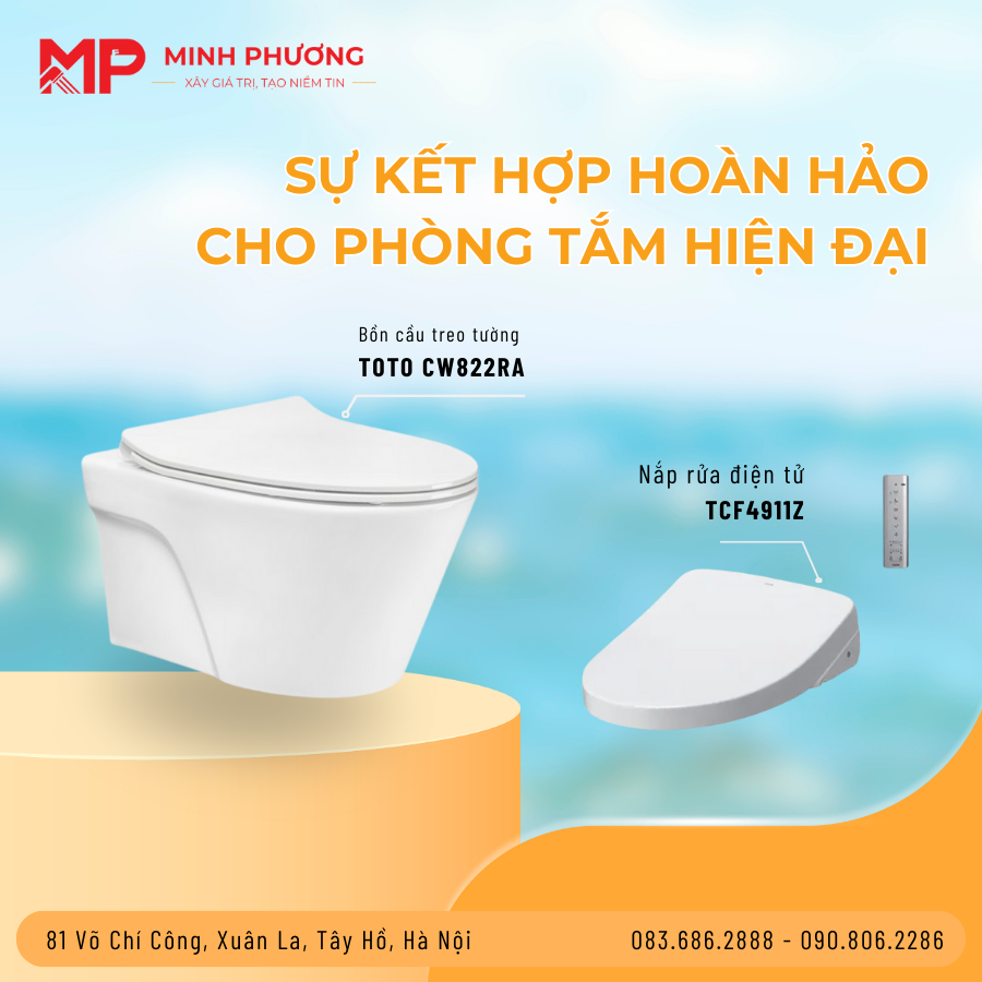 kết hợp với nắp rửa điện tử TCF4911Z, bồn cầu treo tường TOTO CW822RA