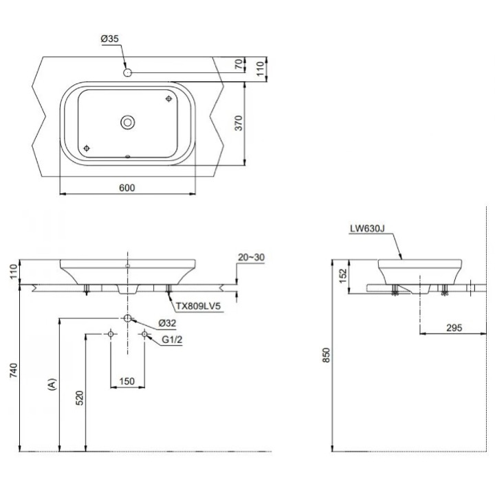 Bản vẽ kỹ thuật Chậu lavabo đặt bàn TOTO LW630JDW/F#MDR