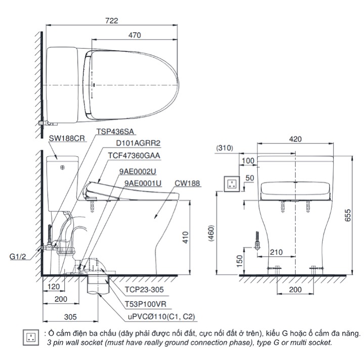 Bản vẽ kỹ thuật Bàn cầu 1 khối nắp điện tử TOTO MS188VKW23/T53P100VR