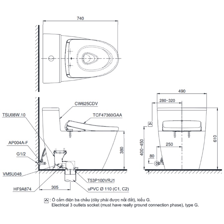 Bản vẽ kỹ thuật Bàn cầu 1 khối nắp điện tử TOTO MS625CDW23