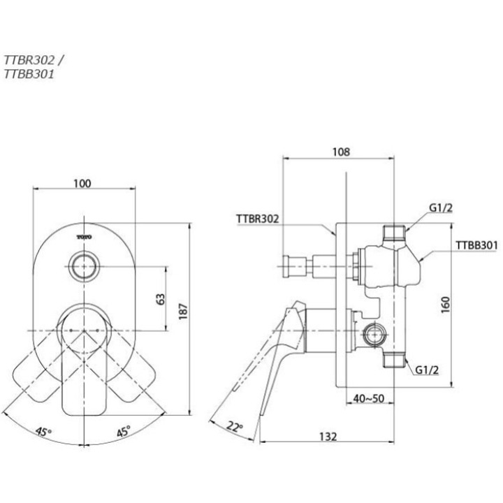 Bản vẽ kỹ thuật Van điều chỉnh nóng lạnh TOTO TTBR302/TTBB301